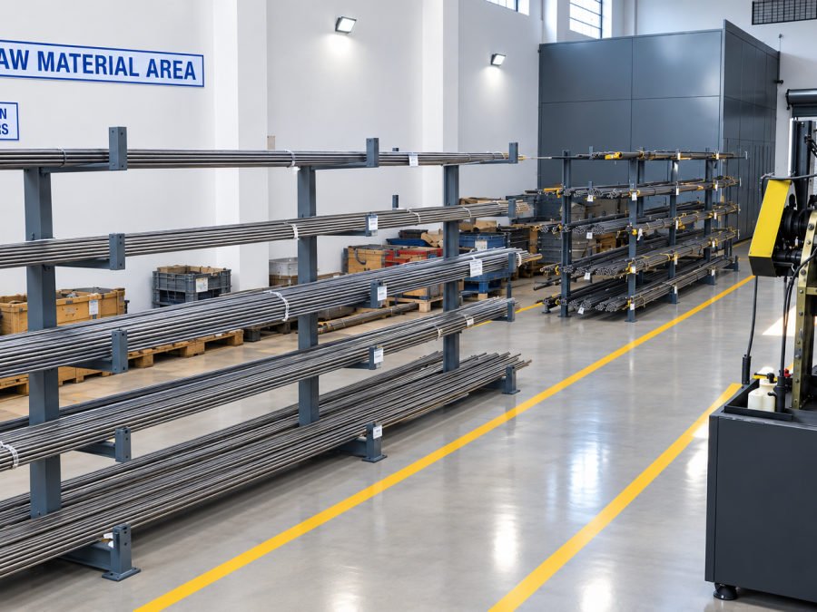 Racked steel round bar under a RAW MATERIAL AREA sign reading EN52 / 21-4N round bars