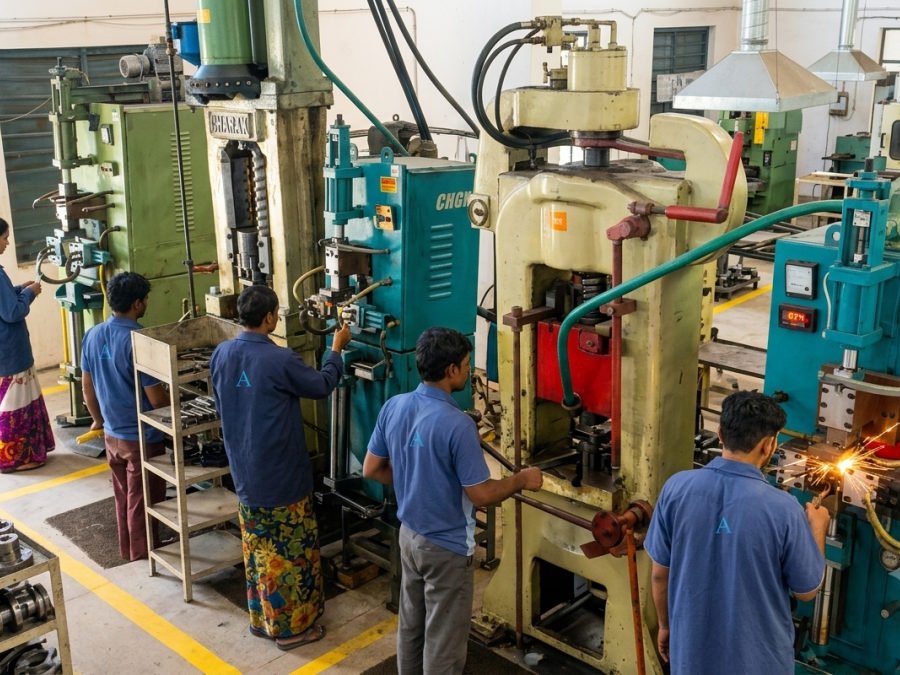 Operators working forging presses, with a heated billet glowing at the die and trays of forged valve blanks alongside