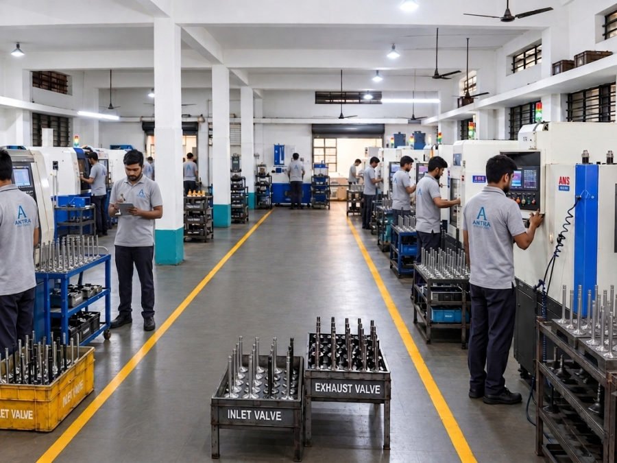 A row of CNC lathes with operators, and valve trays labelled INLET VALVE and EXHAUST VALVE on the shop floor