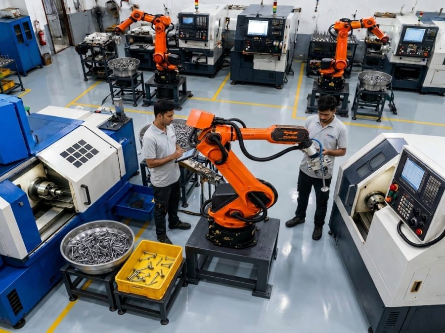 Orange six-axis robot arms tending CNC machines, with operators supervising and a tray of valves at the cell