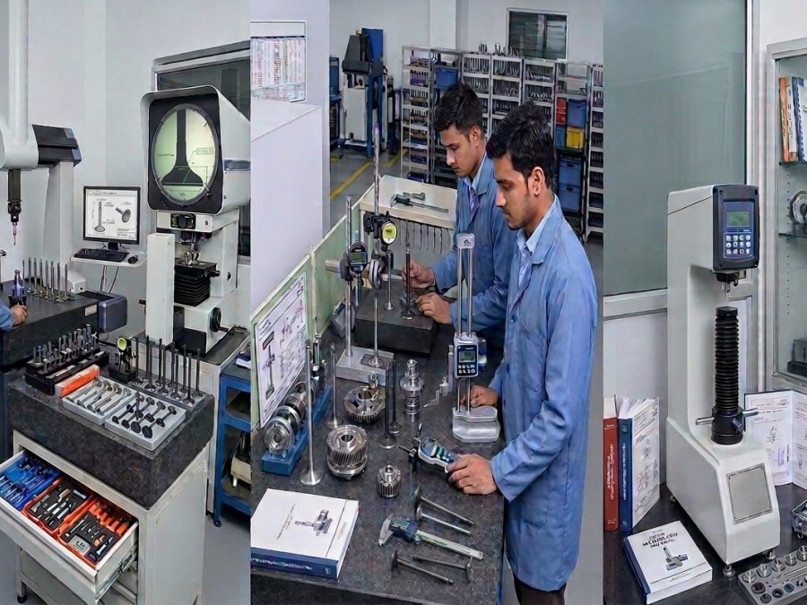 Technicians in the metrology room using a profile projector, hardness tester and bench measuring instruments