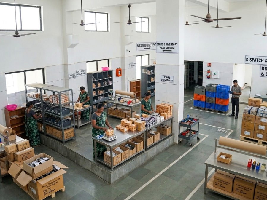 The packing department with shelving, cartons being packed and a DISPATCH & LOGISTICS bay beyond