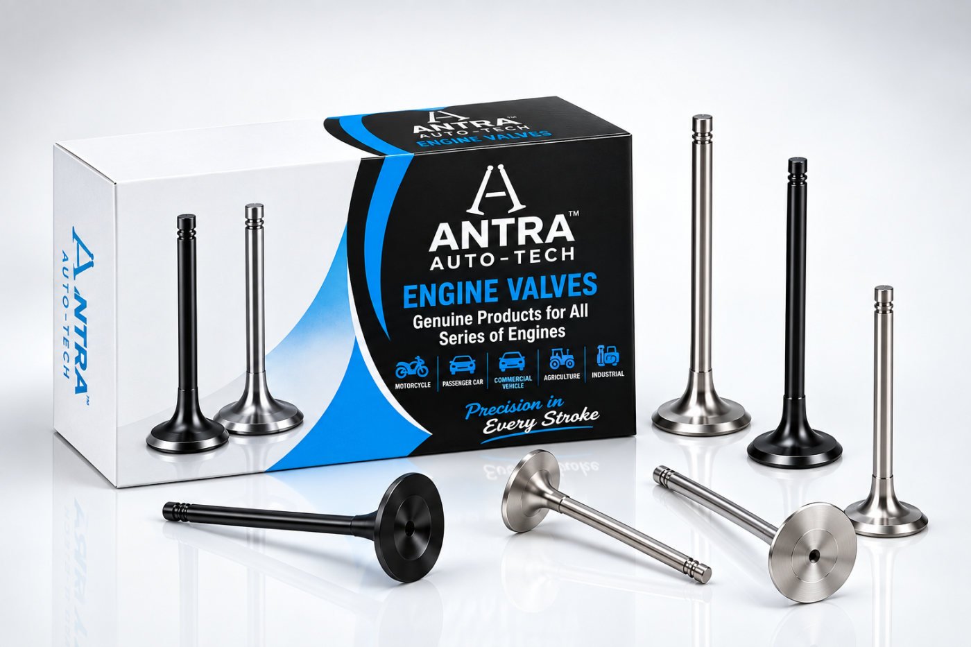 Antra Industries engine valve retail box with six intake and exhaust valves in bright and black finish arranged in front of it